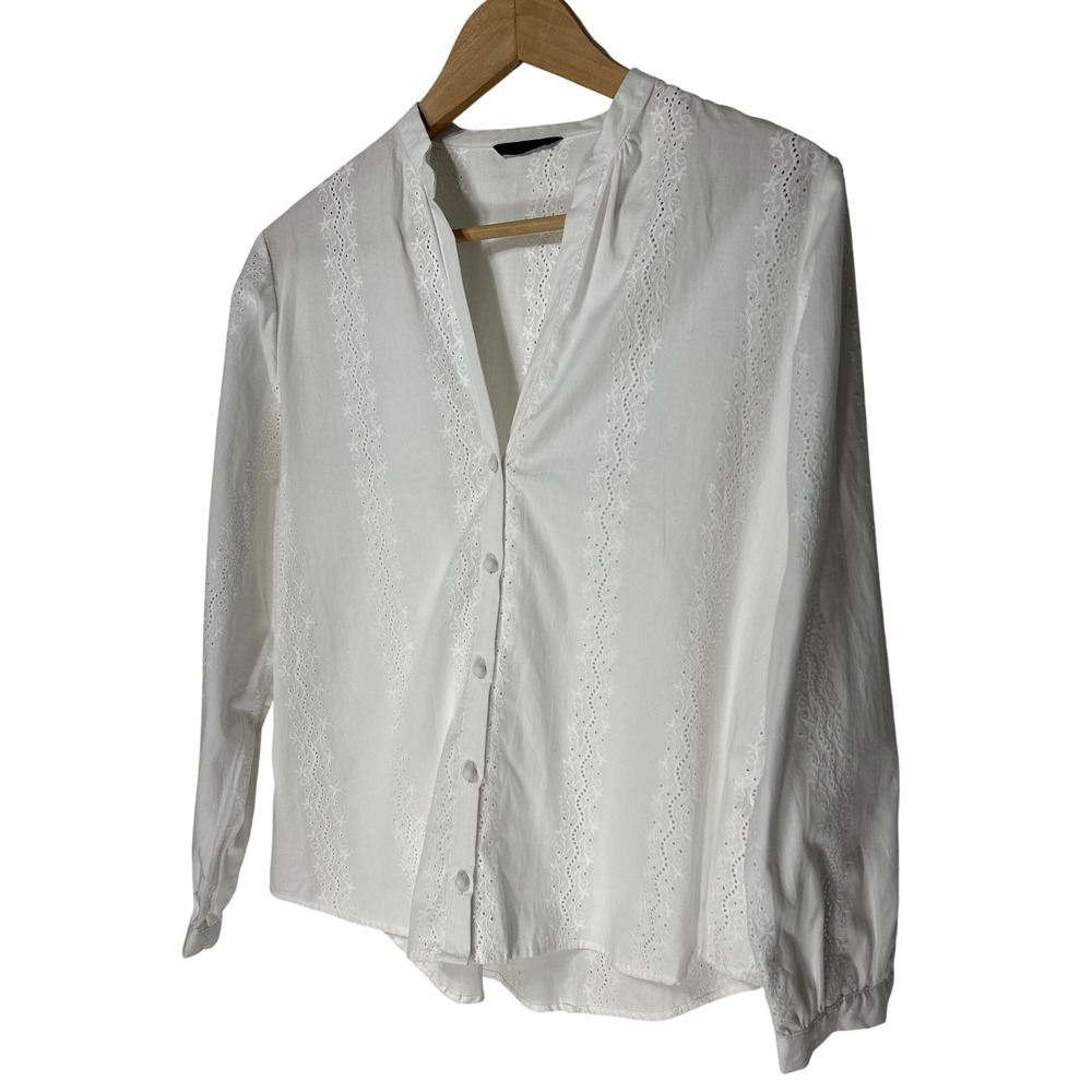 Zara‎ White Eyelet Embroidered Button Front Blouse Long Sleeve Top Size XS EUC